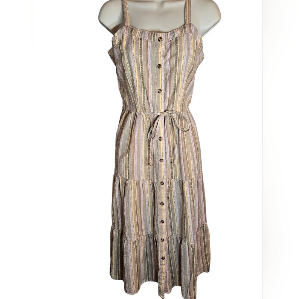 Striped Multicolor Button-Down Tiered Midi Dress, Pockets, Med